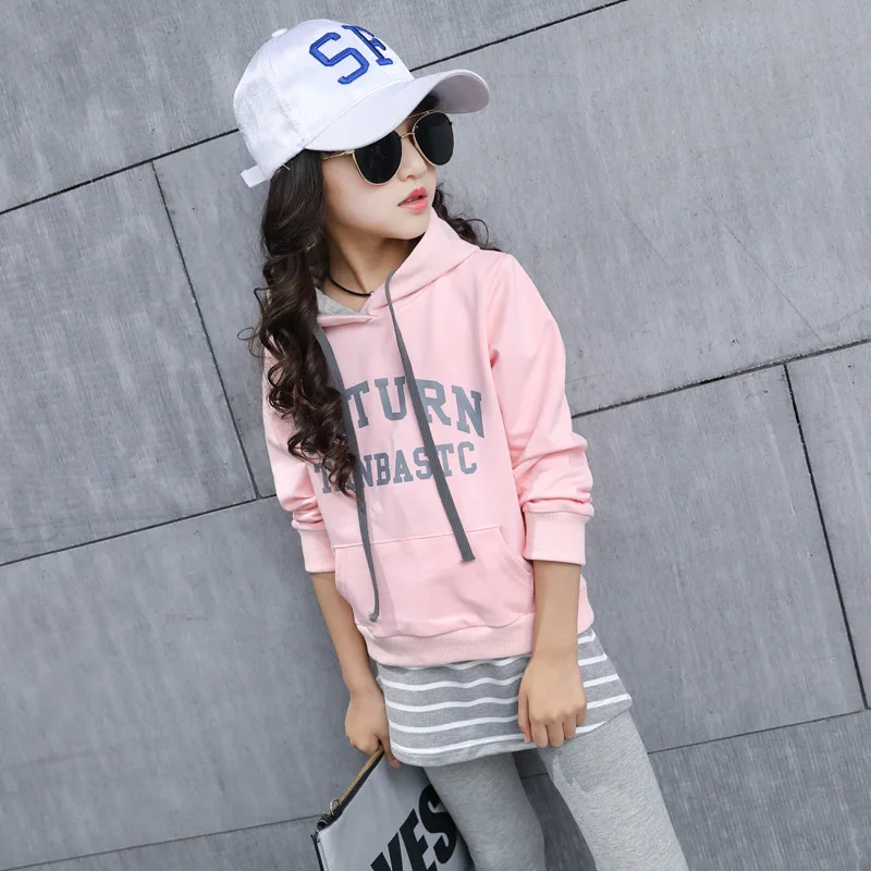 

2022 New Girl Kids Spring And Autumn Clothing Set Letter Basic Hoodies + Tight Fitting Pantskirt Two Piece Set Casual Suit