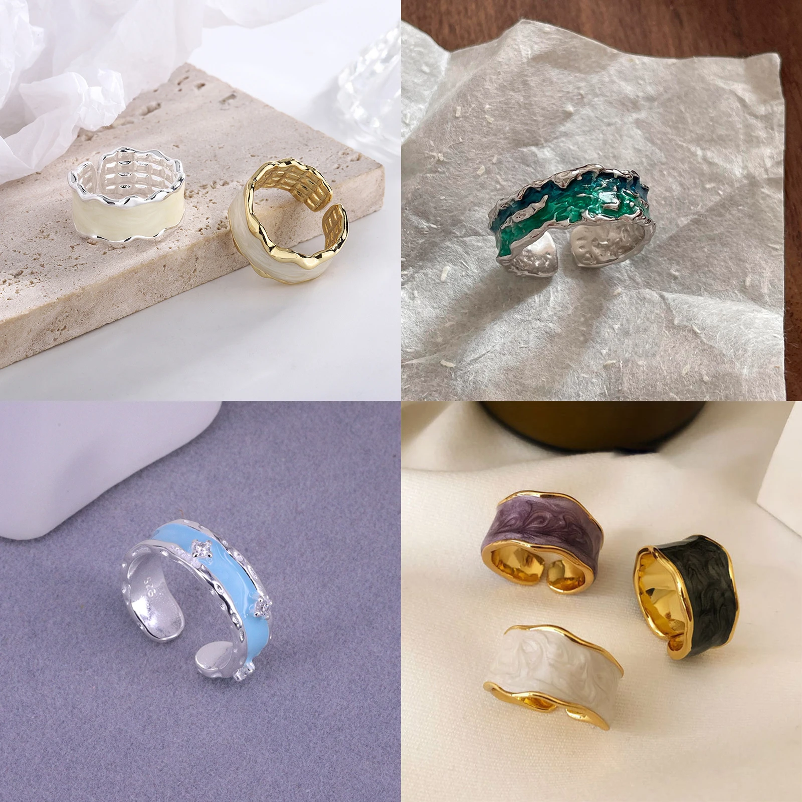 

New Fashion Silver Gold Color Open Finger Rings Stackable White Black Blue Enamel For Women Girl Jewelry Gift Dropship