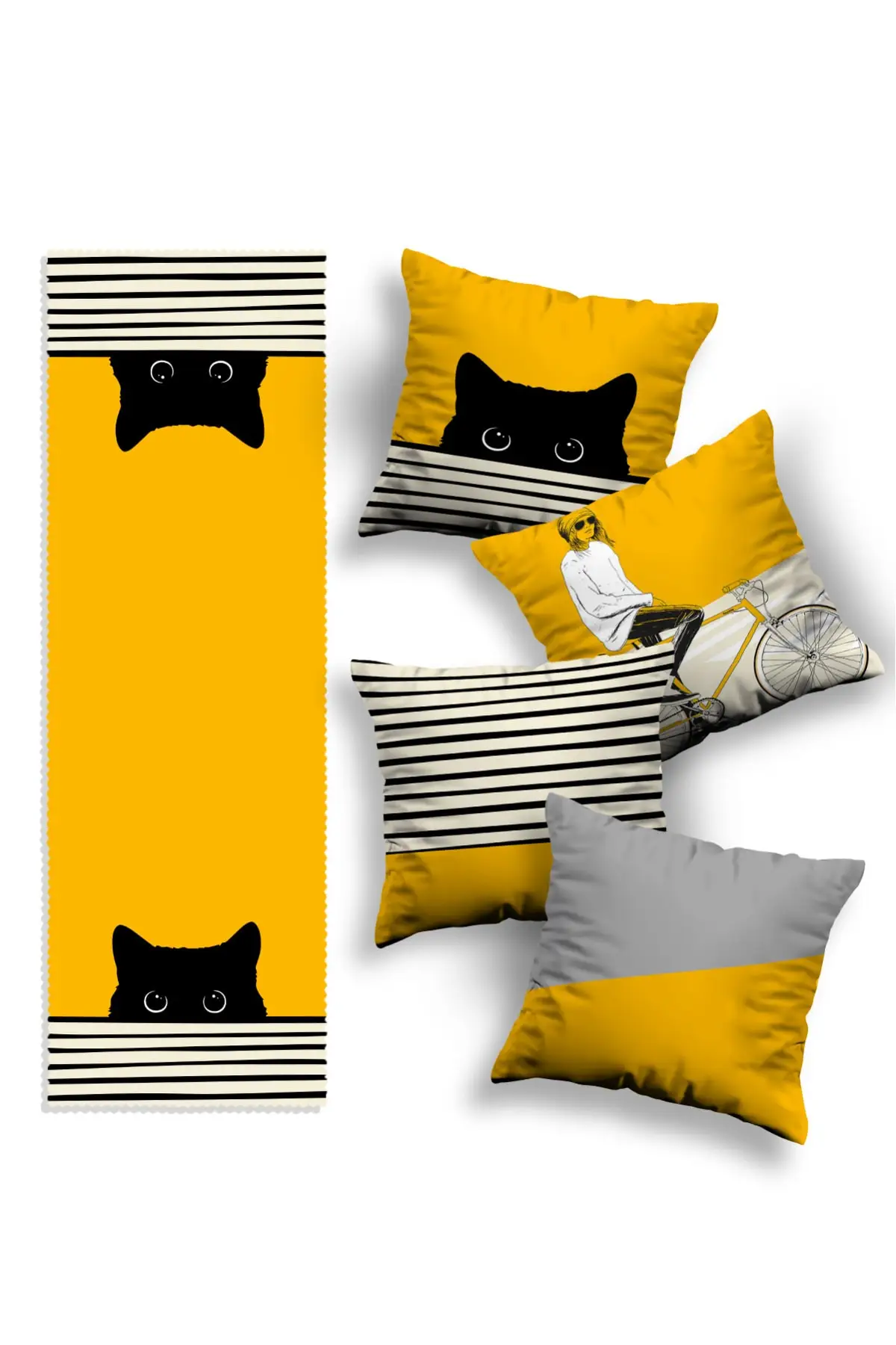 Special Design 4 Pieces Cushion Cover and Runner Set Cat Concept
