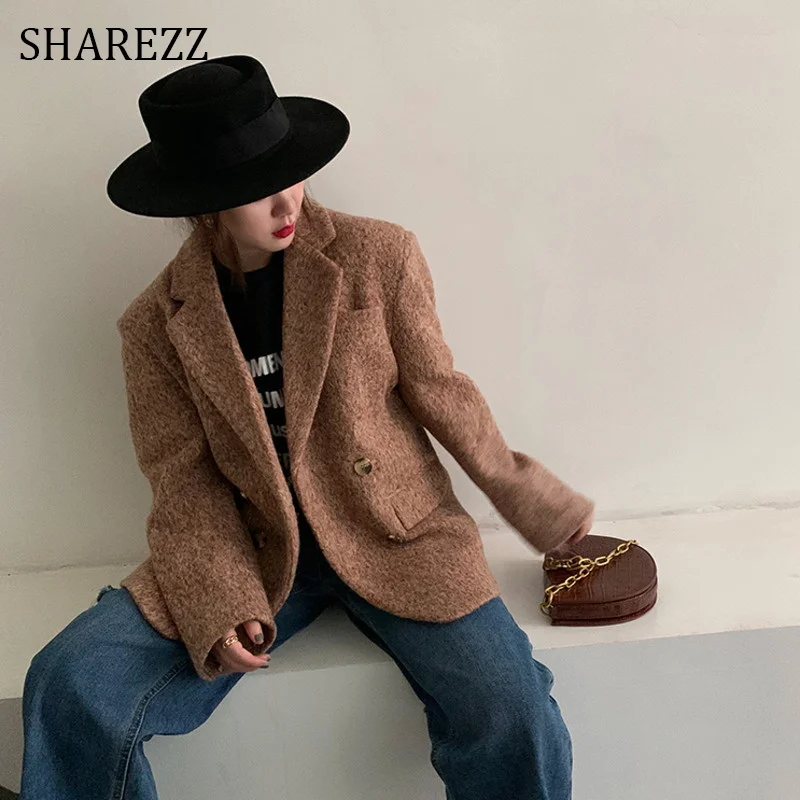 

2022 New Chic Woolen Blazer Jackets Women Spring Office Lady Pockets Loose Double Breasked Outwear Long Sleeve Suit Female
