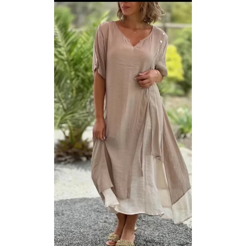 

Длинное свободное платье Y2K в литературном стиле с коротким рукавом и V-образным вырезом, хлопковое льняное однотонное платье с широкой юбкой, женское повседневное свободное платье из двух частей