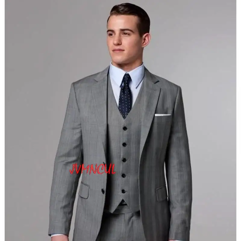 

High Quality grey costume homme terno Groom Tuxedos Groomsmen Mens Wedding Suits slim fit men suit ( jacket+Pants+vest)