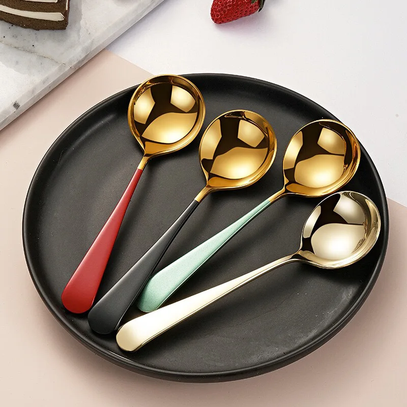 

6.2" New Beautiful 8 Colors round head Thickening Lengthened Long Handle Stainless Steel Spoon Thick Household Dessert Spoons