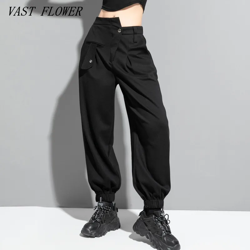 black Vintage Elastic high Waist boyfriend Pocket Casual loose spring autumn cargo Pants Women Trousers 2022 clothing Streetwear