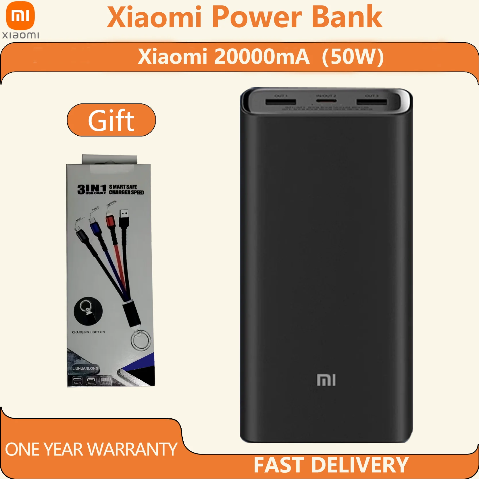 Оригинальный Xiaomi Power Bank3 20000 мАч 50 Вт/2 5 Вт/18 Вт USB Type C Версия для быстрой зарядки