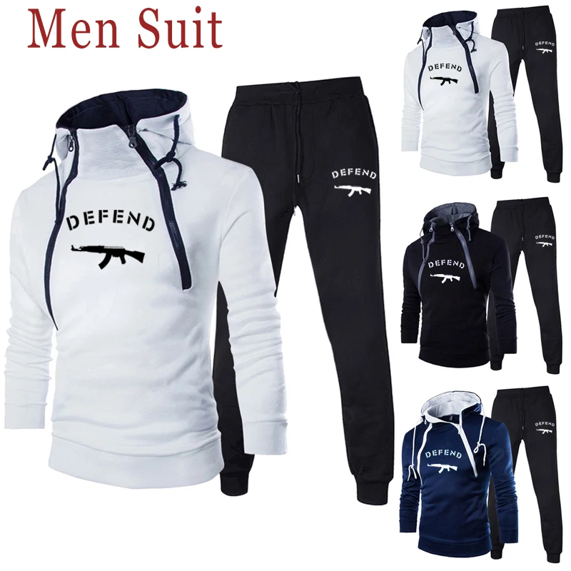 New Trending Autumn Winter Men Sport Suits Outdoors Jacket And Sweatpants Zipper Design Thickened Men Hooded Tracksuit