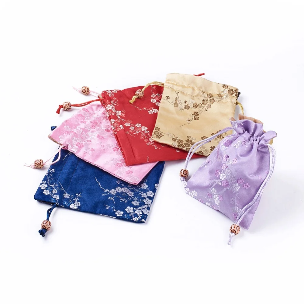 10pcs Silk Packing Pouches Drawstring Bags with Wood Beads 14.7~15x10.9~11.9cm