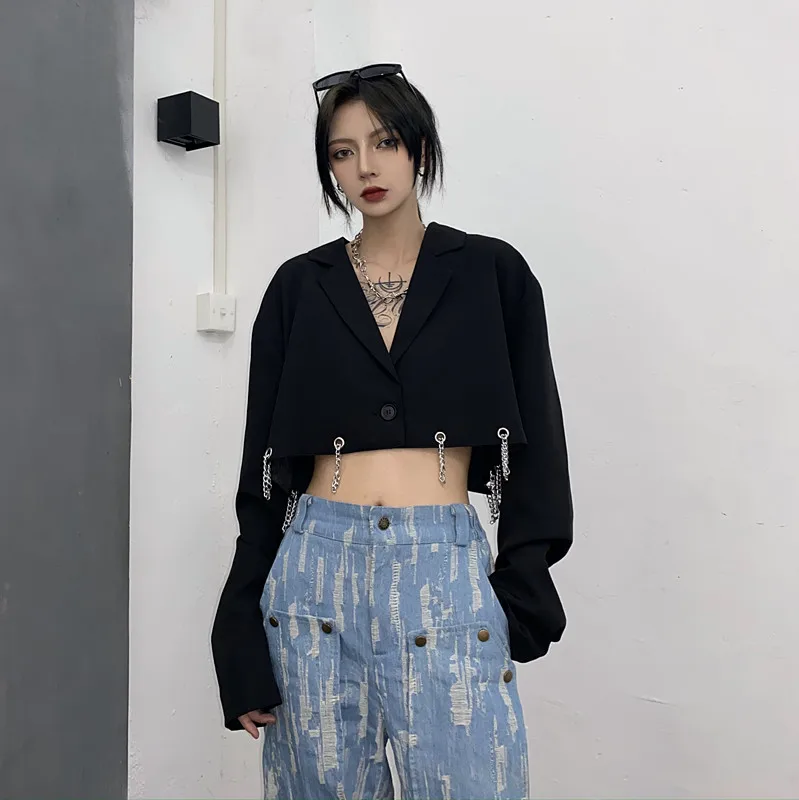 Women Turn-down Collar Long-sleeve Blazer Coats 2023 Spring Female Iron Chain Black Button Single Breasted Loose Blazer Tops New
