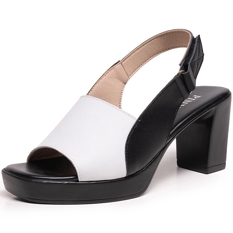 GKTINOO 2023 Women's Sandals Summer Genuine Leather High Heels Fashion Sandals Ankle Strap Outside Shoes Square Toe Mixed Color