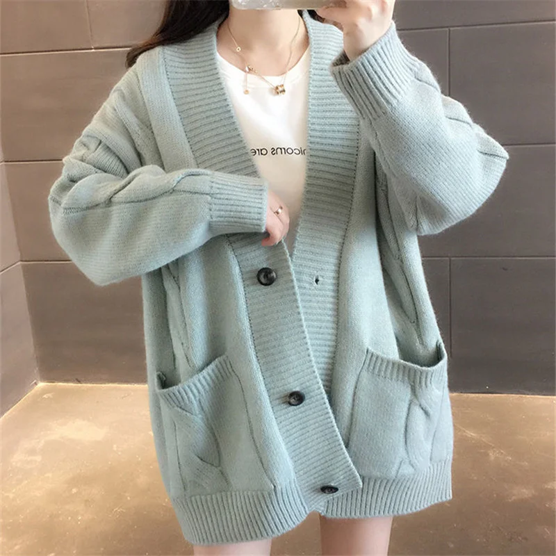 

Solid Color Cardigan Women's Sweater Jacket Spring Autumn New V-neck Long Sleeve Single-breasted Loose Korean Fashion Female Top