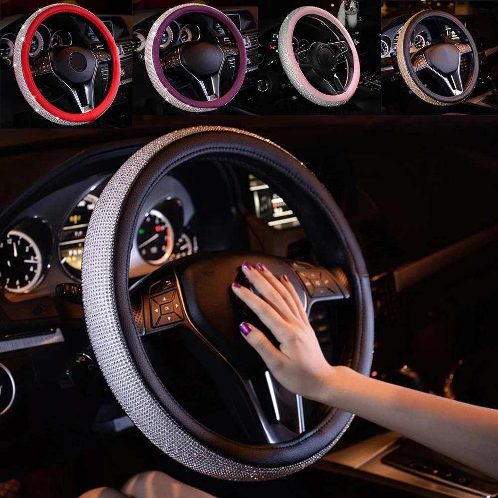 

Diamond Car Steering Wheel Cover with Bling Crystal Rhinestones Sparkling Universal Steer Wheel Protector for Women Girls Bmw Vw