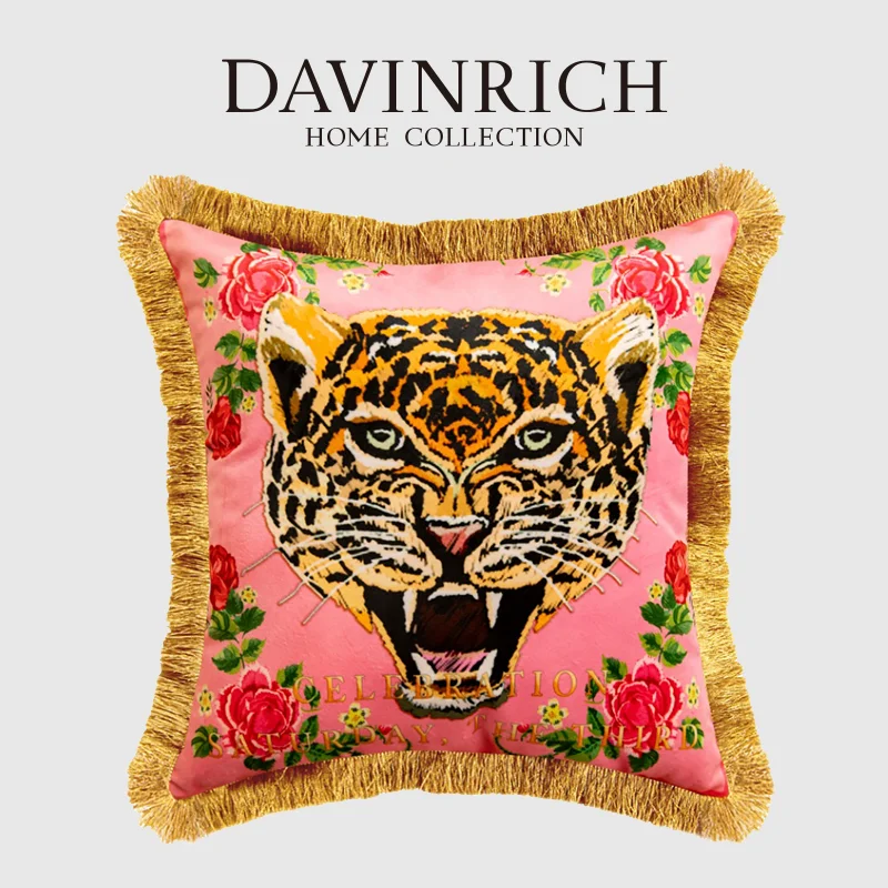 DAVINRICH Leopard Patterned Pillow Case Luxury Super Soft Pink Background Velvet Bedroom Boudoir Cushion Cover Chic Home Decor