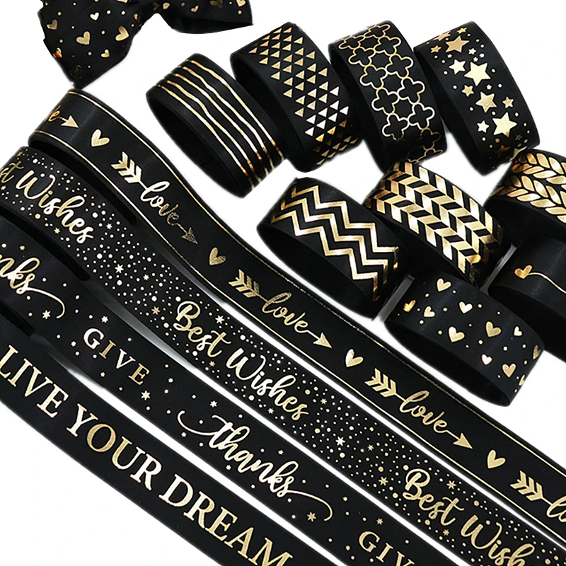 

Высококачественная Черная, белая, Золотая штампованная полиэфирная лента 25 мм для упаковки подарков, свадебное, Рождественское украшение, ...