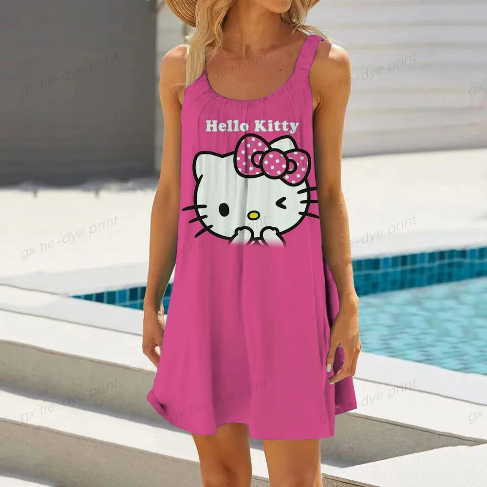 

Женское платье с принтом Hello Kitty, летнее привлекательное ТРАПЕЦИЕВИДНОЕ ПЛАТЬЕ на бретелях с глубоким вырезом, короткая пляжная юбка, новинка 2023