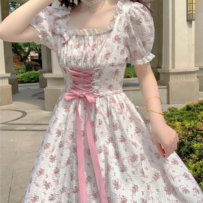 

Elegant Floral Dress Women Lace Up Korean Princess Fairy Sweet Midi Dress Chic Designer Puff Sleeve Casual Dress SummerC92