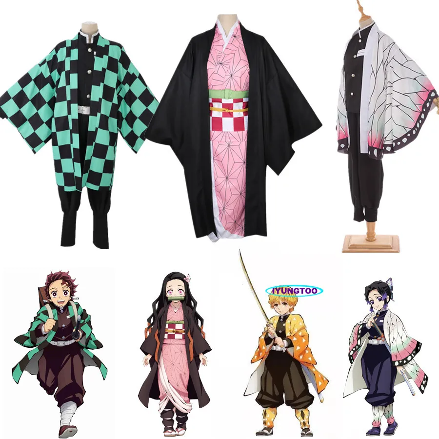 

Anime Demon Slayer Cosplay Costume Kamado Tanjirou Nezuko Kimetsu No Yaiba Kochou Shinobu Women Kimono Set Halloween Uniform Men