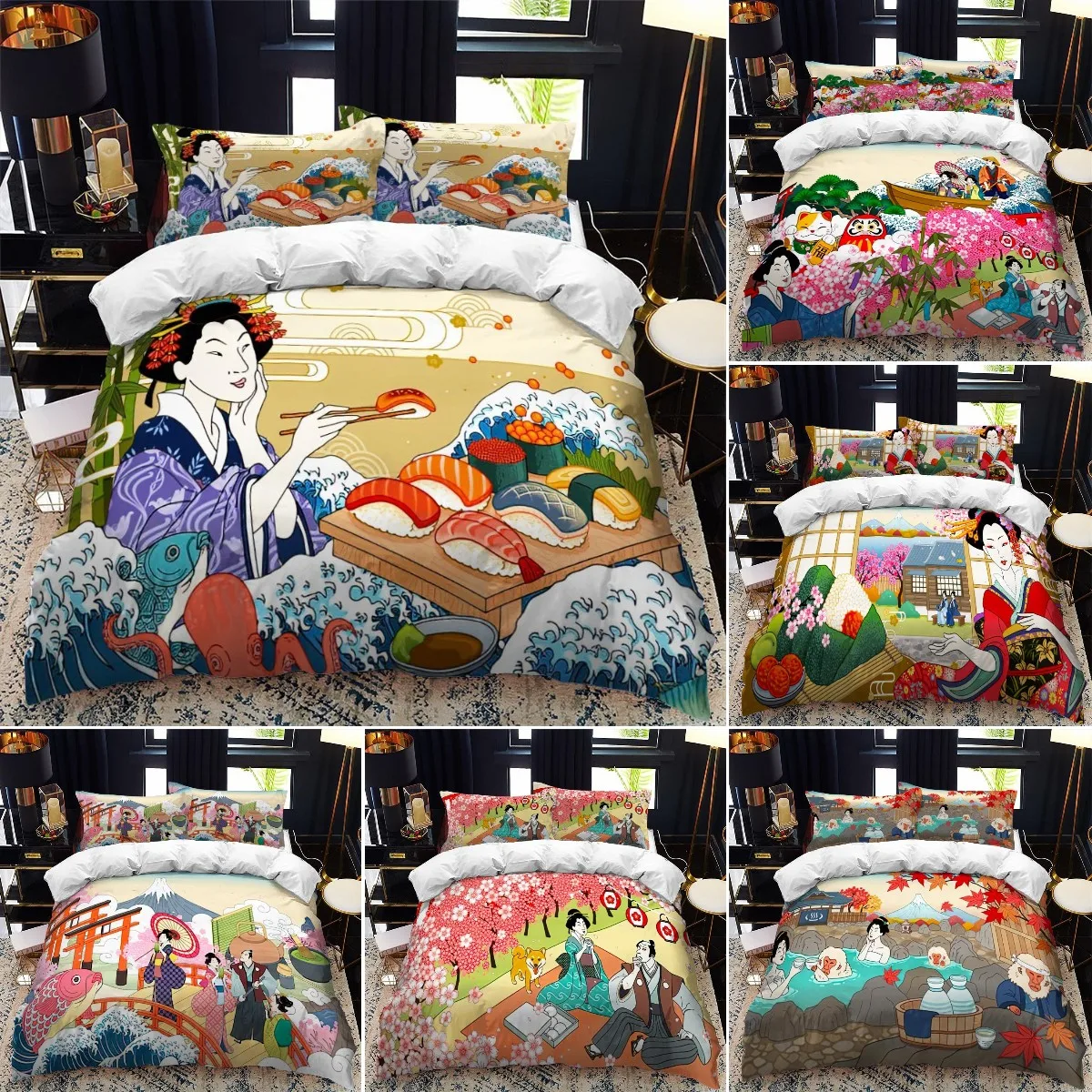 

Japanese Geisha Duvet Cover King/Queen Size,women Eat Sushi Pattern Bedding Set for Girls,Asian Culture Japan Theme Quilt Cover