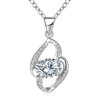 silver plated necklace botanical pendant set with white oval zircon
