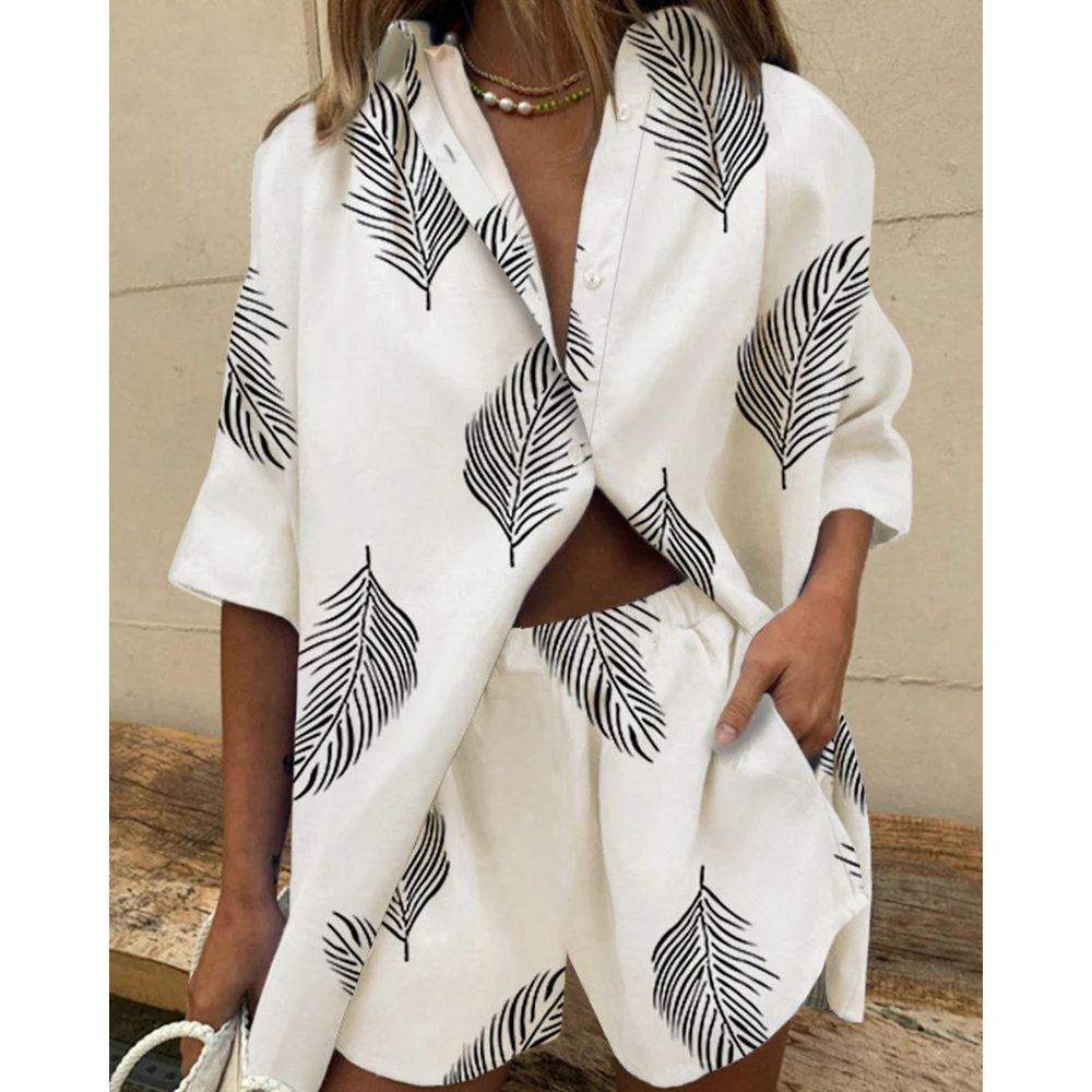 

Summer Women All Over Leaf Print Short Sleeve Shirt Top & Short Sets Casual 2Pcs Suit Set for Women Holiday Fashion Outfits