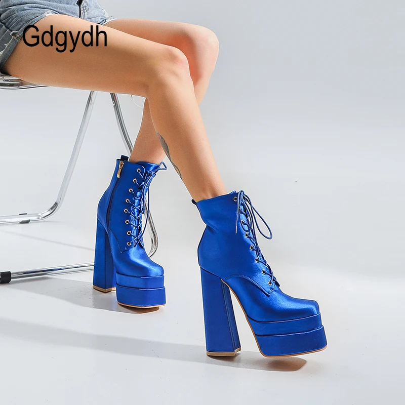 Gdgydh Platform Chunky Boots Women Square Toe Block High Heels Soild Color Lace Up Waterproof Womens Ankle Boots with Zipper