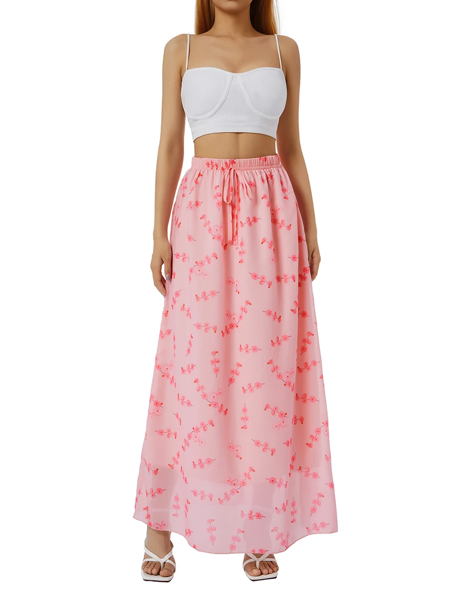 

Womens High Waist Floral Print Midi Skirt Self-Tie High Waist Elastic Ankle-Length Summer Skirt