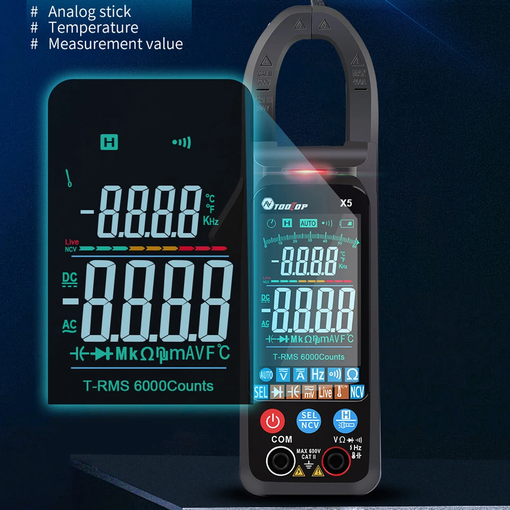 

TOOLTOP X5 Handheld Digital Clamp Meter Multimeter LCD Display ℃/℉ Switch NCV Measuring Direct amperometric current clamp