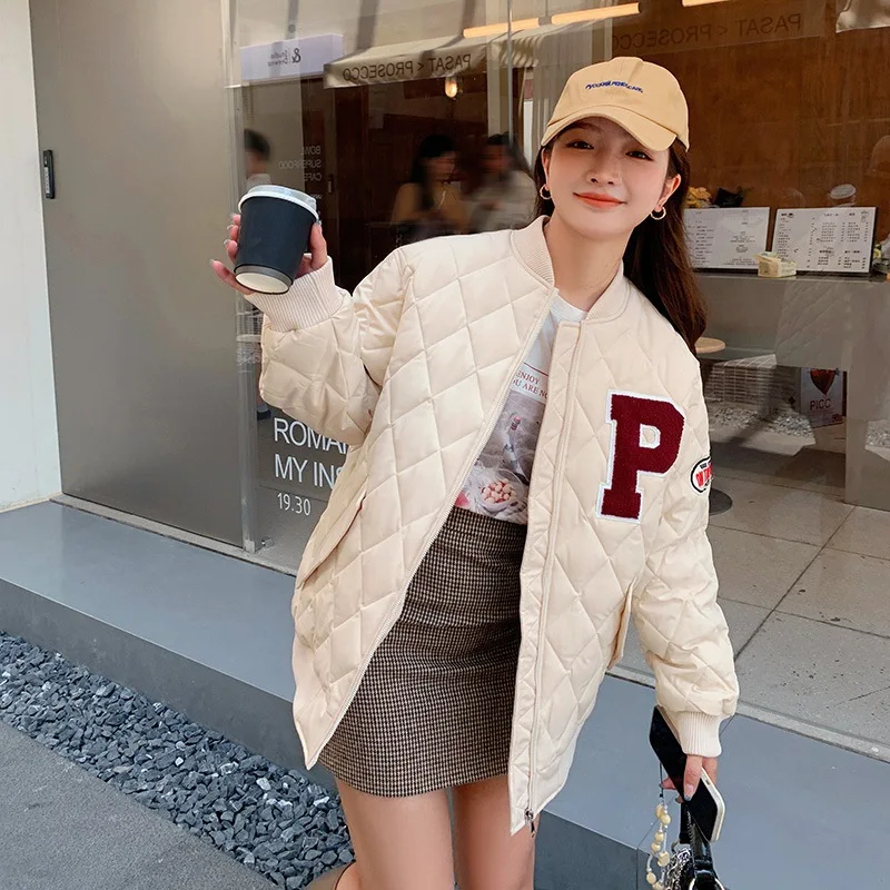 Parkas Women Rhombus Letter Retro Cotton-Padded Coat Short Coat Women's   Winter Loose Baseball Uniform Winter Coat Women