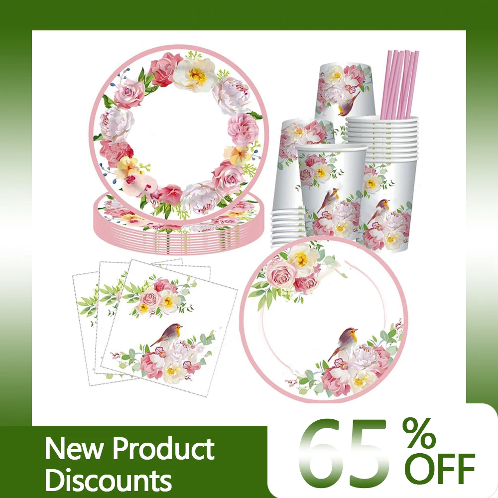 

Floral Paper Disposable Tableware Tea Party Supplies Paper Plate Cup Napkin Baby Shower Birthday Party Decor Wedding Decoration