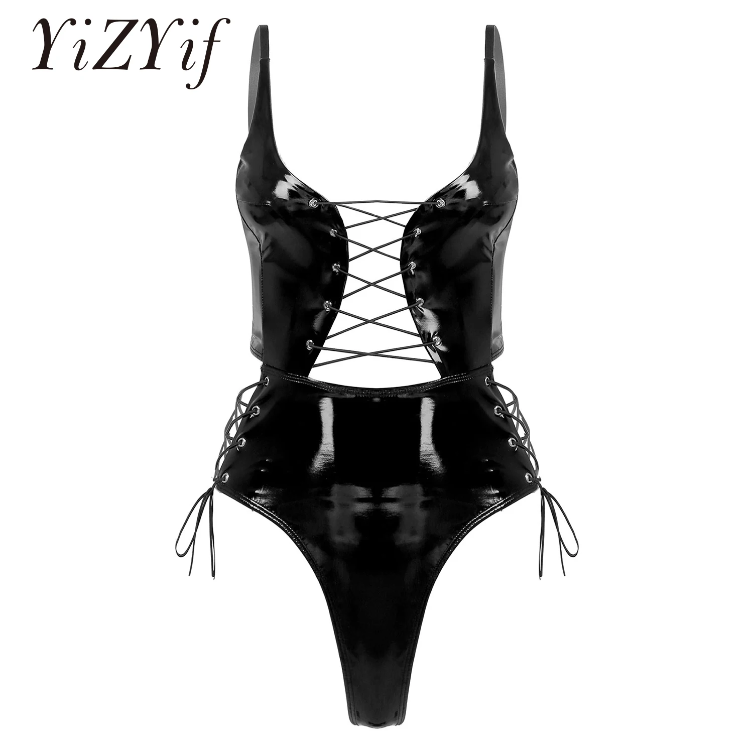 

Womens Wet Look Patent Leather Sexy One-Piece Bodysuit Lace-up Catsuit Adjustable Straps Stage Performance Party Clubwear