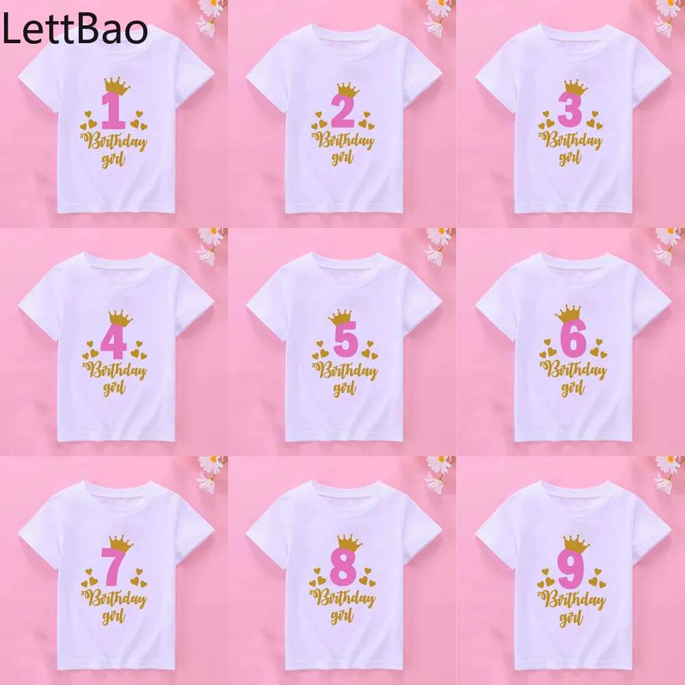 

New Kids Girls Summer Birthday T-shirts Short Sleeved T Shirt Size 1 2 3 4 5 6 7 8 9 10 Year Children Party Clothing Tops
