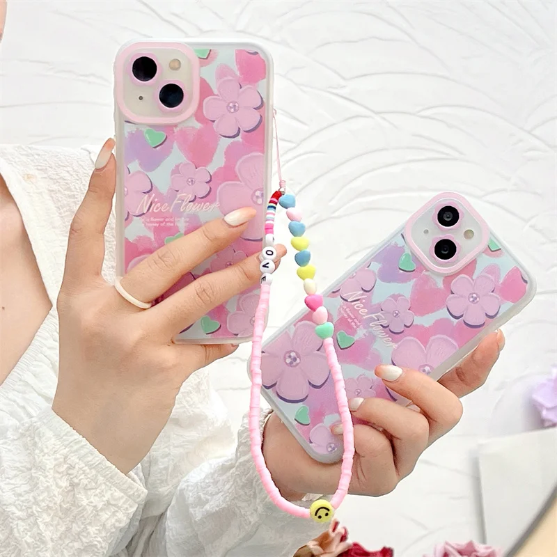 

Милый чехол для телефона с изображением цветов маслом для iphone 13, 12, 11 Pro Max, X, XR, XS Max, мягкий чехол, модные чехлы с ручкой, веревкой, цепочкой