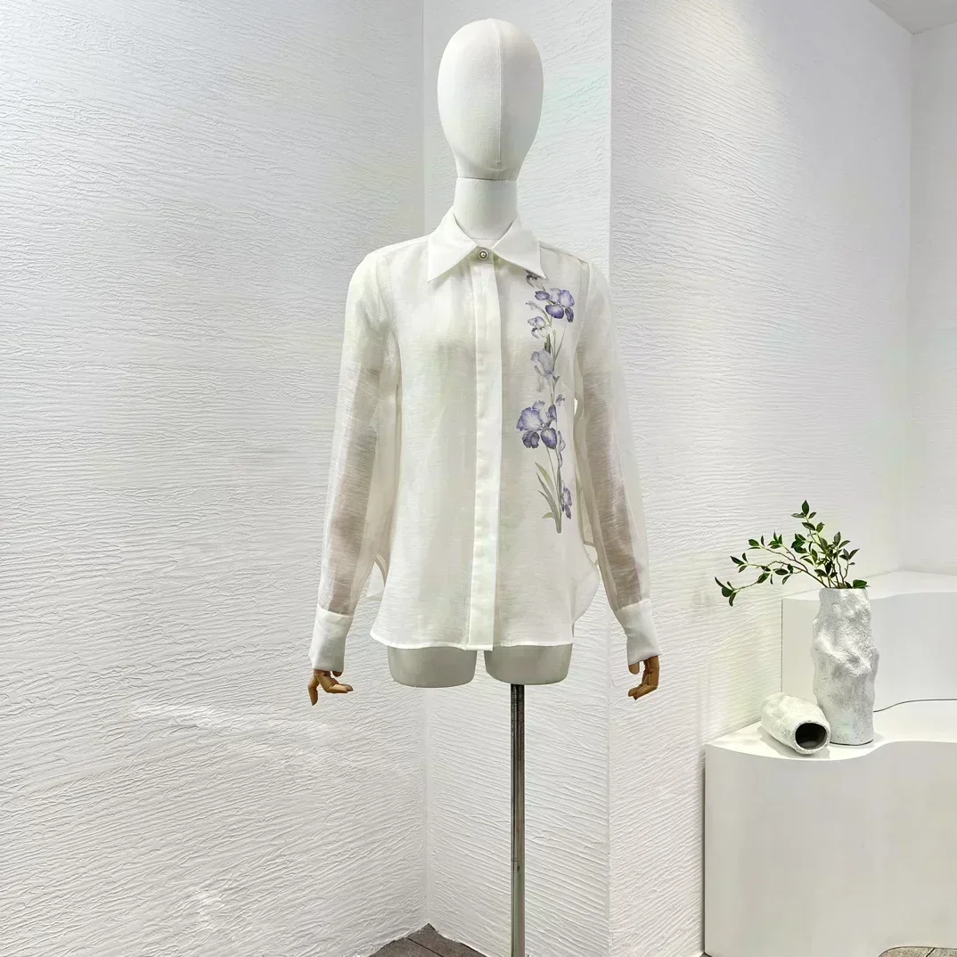 Высочайшее качество 2024 шелковая льняная блузка белого и синего цвета с цветочным
