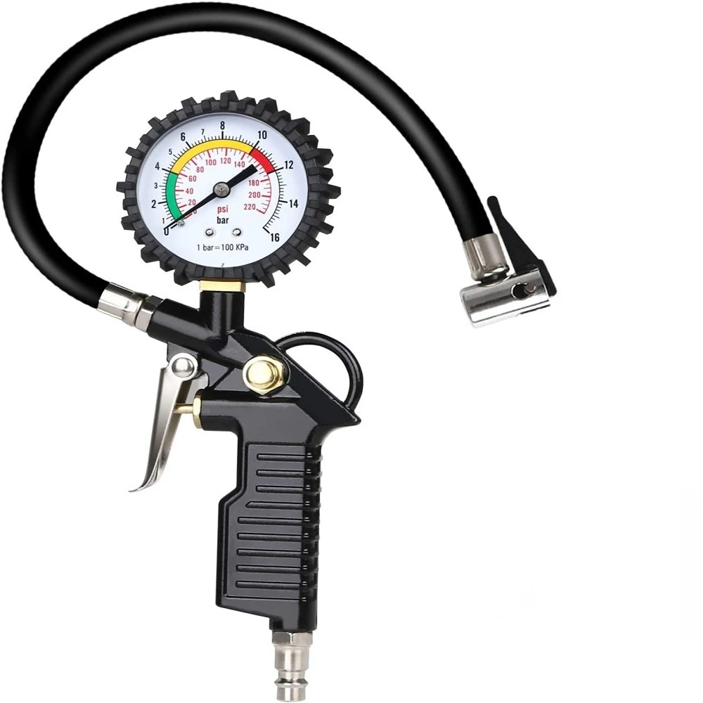 Tyre Pressure Gauge 0-220 PSI Tyre Inflator with Pressure Gauge Air Compressor, Valve Air Chuck and 90 Degree Valve Extender