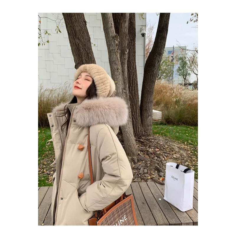 Korean Fashion Loose Hoodie Down And Cotton Coat Women Knee Length Hooded Jacket Thicken Warm Winter Oversize Overcoat Fur Hat