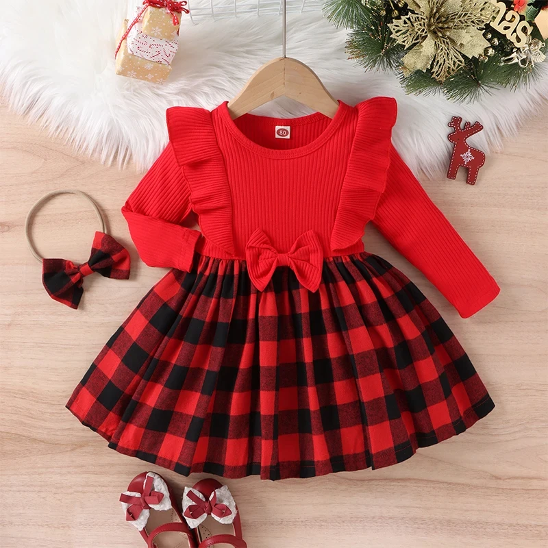 

Toddler Kids Girls Christmas Dress Plaid Ruffles Bow Long Sleeve Dress Fall Casual Princess Dress + Headband Set Xmas Clothes