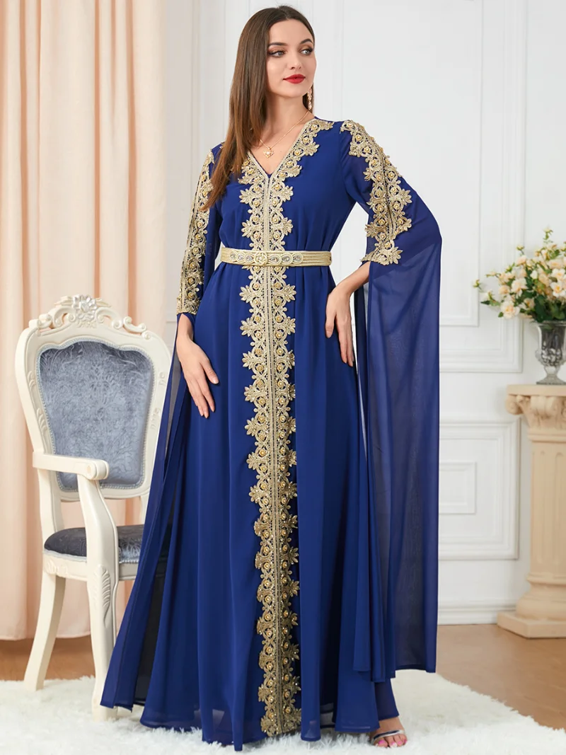 Evening Dresses Party Long Dress Women Embroidered Appliques Belted Chiffon Moroccan Kaftan Muslim Banquet Abayas Gulf Jalabiya