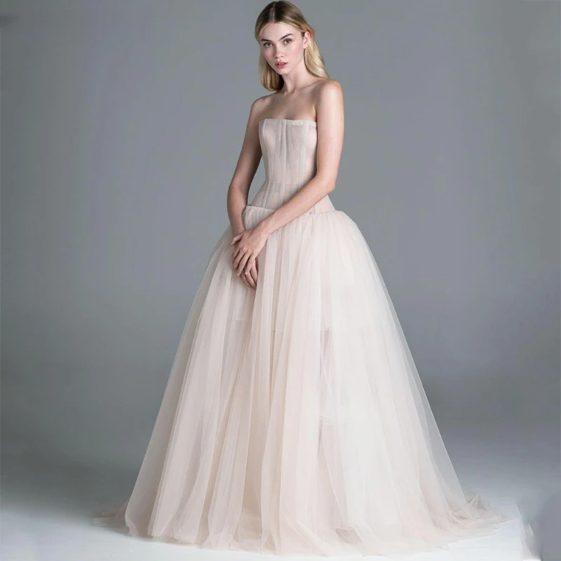 

Strapless Puffy Tulle Prom Dresses 2023 Sexy Illusion Bodice Floor Length Pleated Skirt Long Backless Formal Evening Party Gown