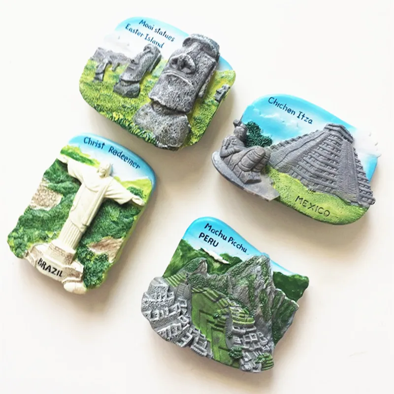 3D Resin Refrigerator Fridge Magnet Chile Easter Island, Mexico Chichen Itza, Peru Machu Picchu, Brazil Christ Redeemer Souvenir