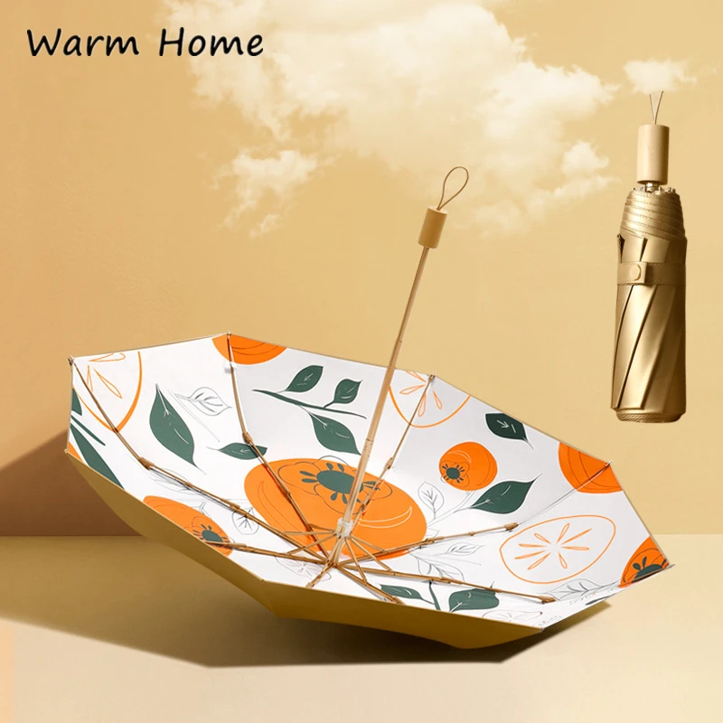 

2022 New Gold Glue Folding Umbrella Fruit Plant Fresh Beach UV Umbrella Male Premium Wooden Handle Sunny Rainy Parasol for Women