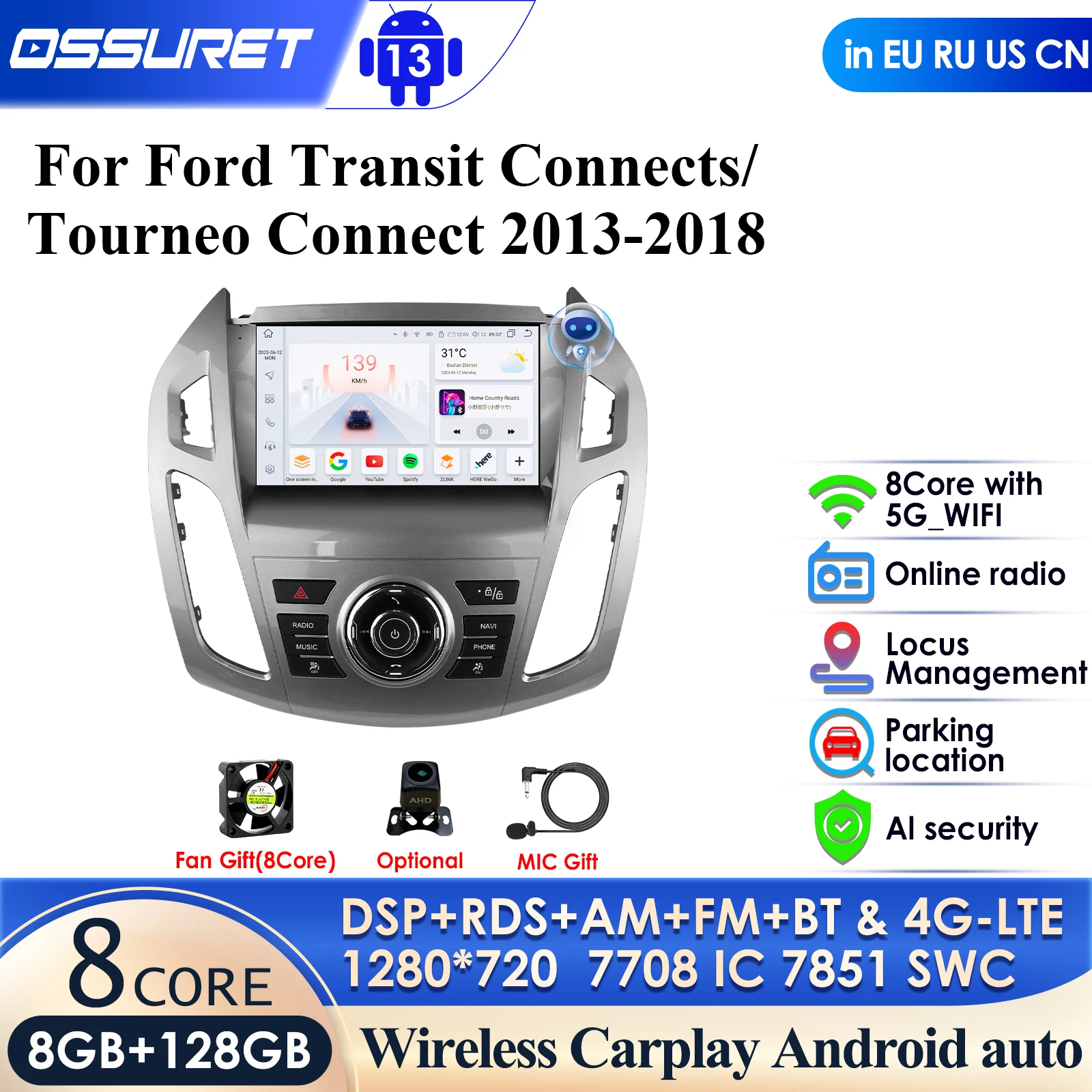 Carplay 4G-LTE 8581 DSP 2 Din Android Автомобильный радиоприемник GPS для Ford Transit Connect 2013-2018 Tourneo