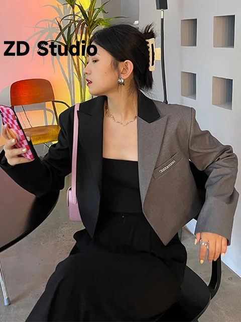 

[ZD Studio] Women Black Gray Short Casual Blazer New Lapel Long Sleeve Loose Fit Jacket Tide Spring Autumn 2023