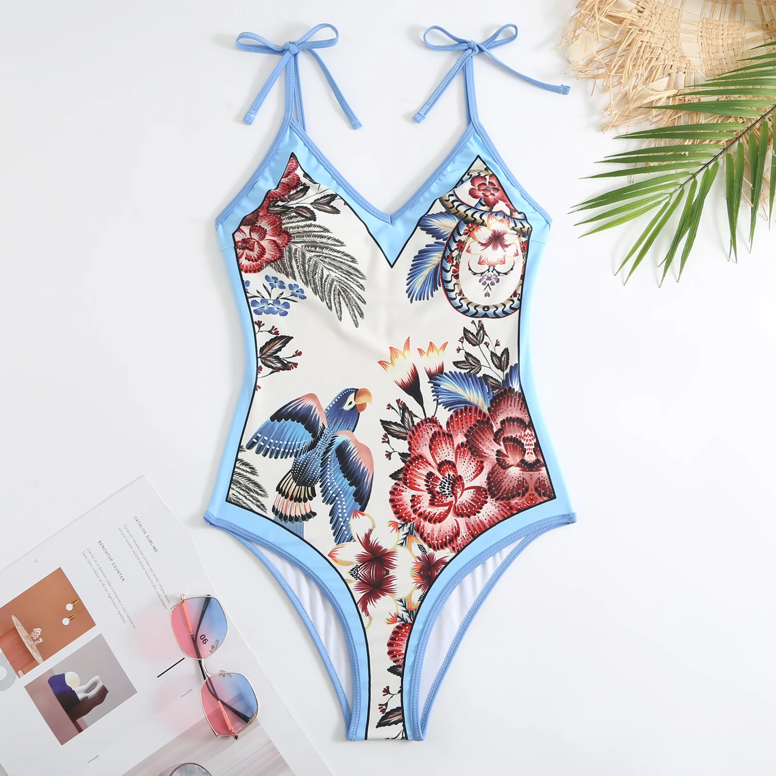 NEW Women Swimwear With Cover-ups Retro Brazilian Swim Suit Luxury One-piece Backless Bathingsuit Vintage Floral Bird Print