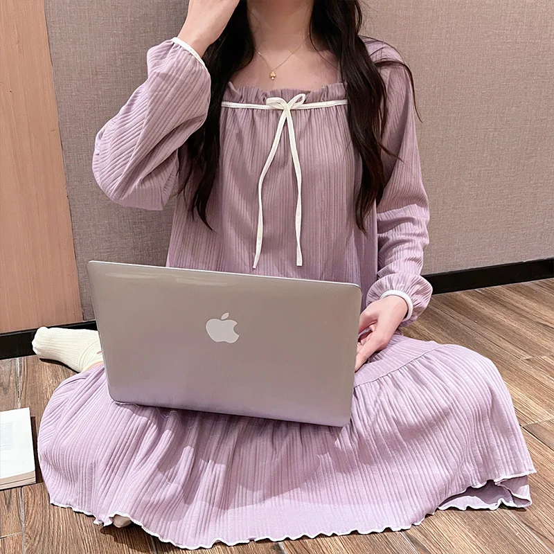 2023 New Spring and Autumn Milk Puddle Stripe Loose Leisure Fashion Comfortable Long Nightdress,Sleepwear and Homewear for Women