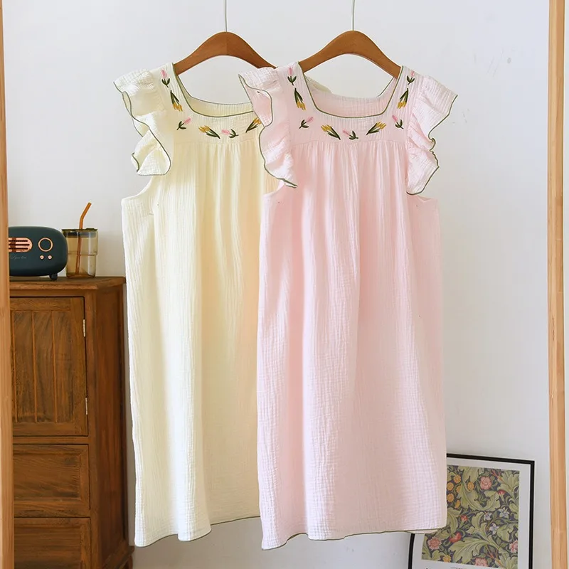 Spring and summer sling nightgown female cotton double thin cotton vest dress big yards pajamas household to take