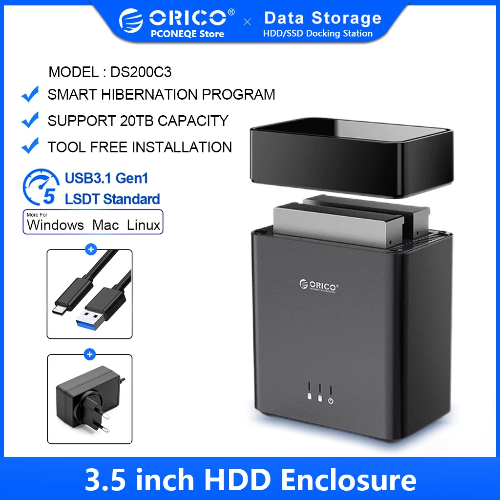 ORICO DS Series 2 Bay 3.5'' Type C Hard Drive Enclosure Magnetic-type USB3.1 Gen1 5Gbps HDD Case Support 12V Power 20TB PC case