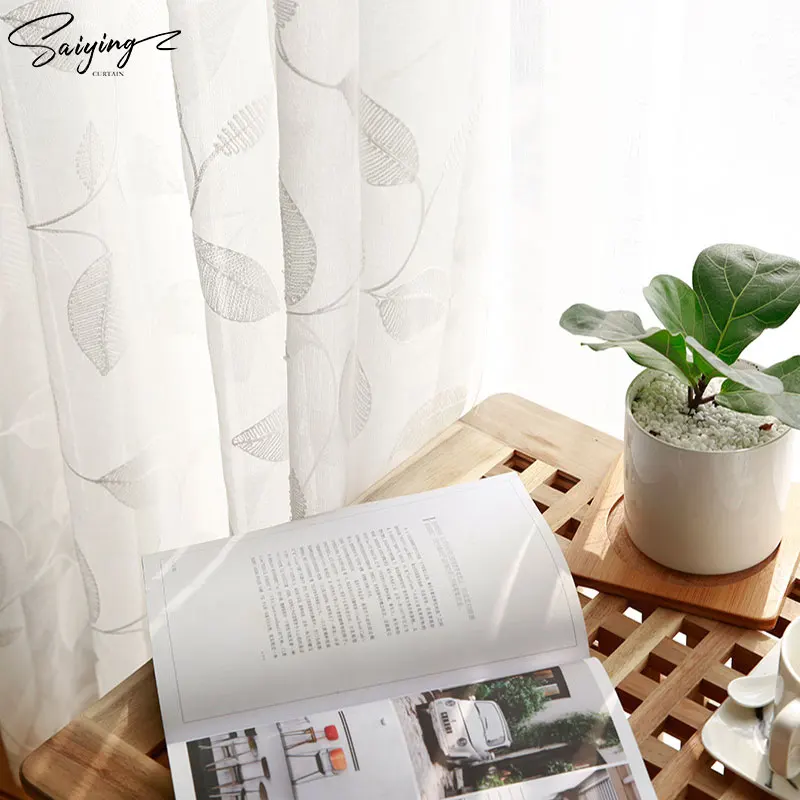 

Korean Style Embroidered White Leaves Tulle Curtains For Living Room Sheer Curtain For Bedroom Kitchen Voile Window Drapes Door
