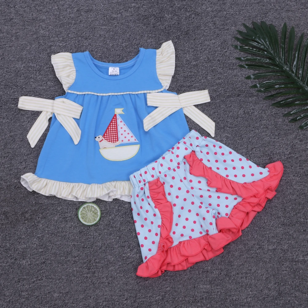 

Одежда для маленьких девочек, хлопковый комплект детской одежды на лето, новый стиль, алфавит, яблоко, вышивка, красные топы, синяя сетка, спо...