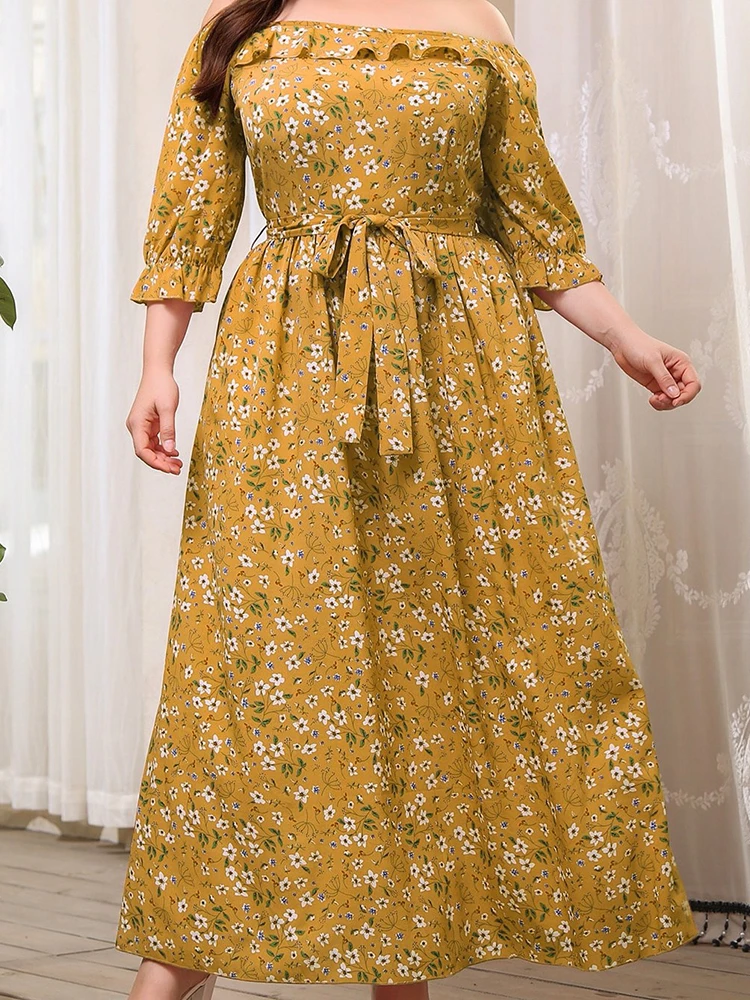 

2022 Fashion Summer Beach Dress Women Slash Neck Three Quarter Sleeve Floral Print Ruffles Boho Dress Plus Size Maxi Long Dress
