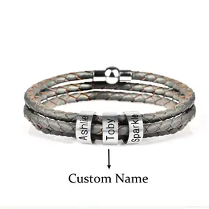 Браслет с подвесками унисекс, с бусинами из нержавеющей стали, под заказ, гравировка имена, кожаные браслеты для женщин и мужчин, ювелирное изделие