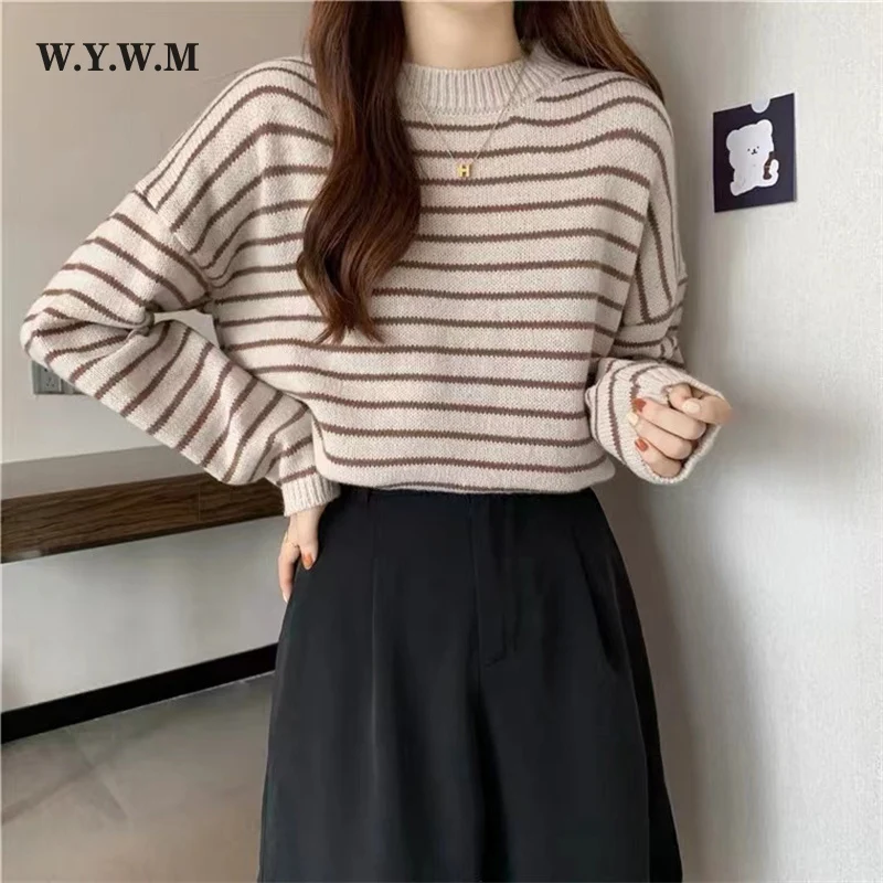 

WYWM French Vintage Stripe Knitted Sweater Women Elegant Minimalist All-match Pullover Sweater Female Trendy Streetwear Jumpers